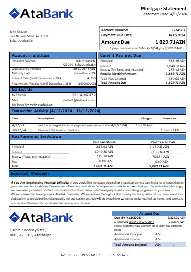 Download Azerbaijan Atabank bank  mortgage statement scr Photoshop template